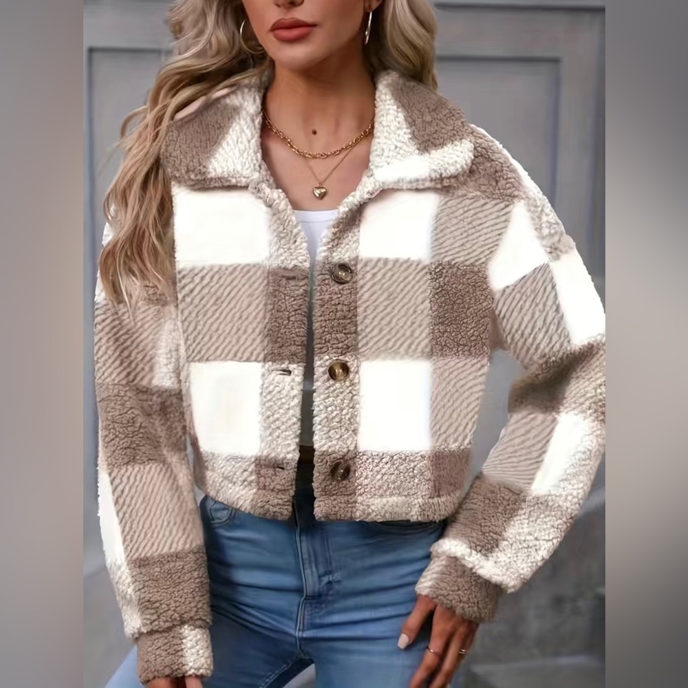 Plaid Teddy Coat, Casual Button Front Long Sleeve Winter Warm Outerwear, Women's